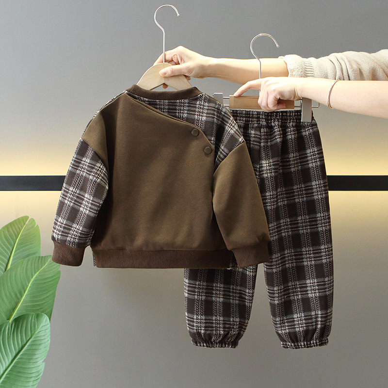 7728 Traje de primavera y otoño para niños 2025 nuevo estilo de moda y fresco suéter para niños pantalones a cuadros ropa de primavera para bebés de dos piezas