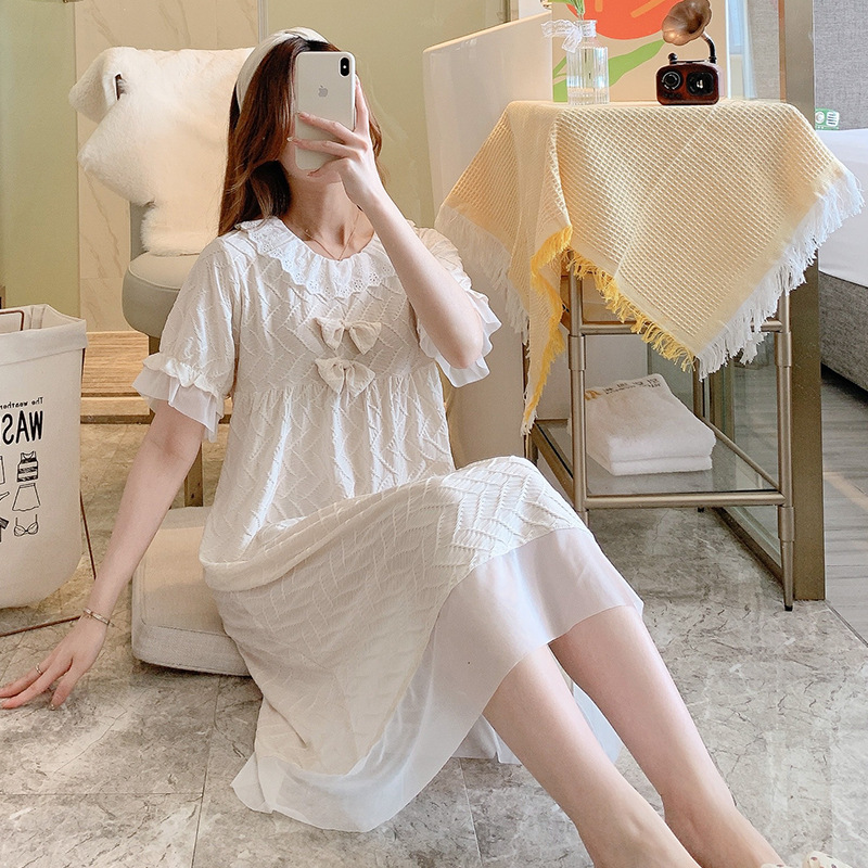 Verano mujeres camisón de encaje solapa encaje lindo estudiante jacquard dulce princesa estilo desgaste del hogar