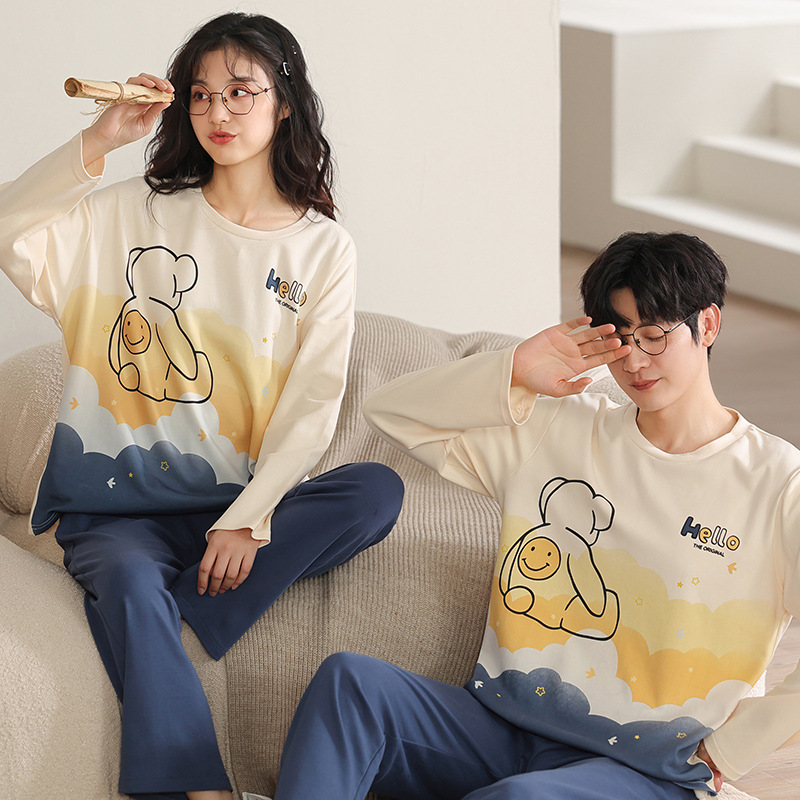 【100% 純綿】カップルパジャマ女性春と秋の綿100% 長袖セット男性ホームウェア可愛いアニメ