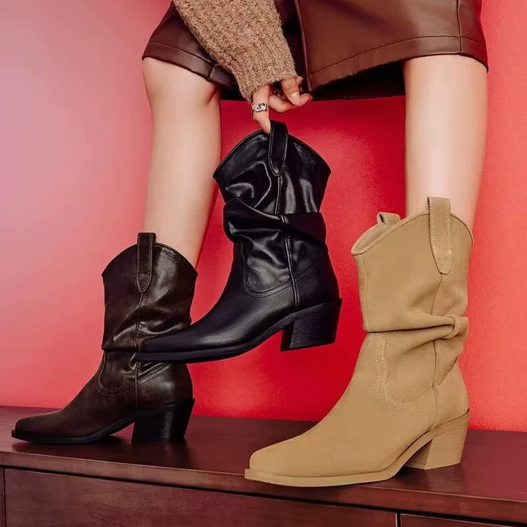 Ретро-ботинки с острым носком до середины голени, новые ковбойские сапоги в стиле вестерн для женщин на толстом каблуке, осень-зима 2025, утягивающие сапоги с меховой подкладкой