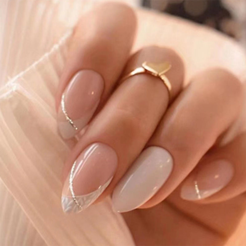 Simple Gentle Sweet Almond Armor Oblique French Manicure Pieces Shining Powder Ins Style Fake Nail Dressing Armor
