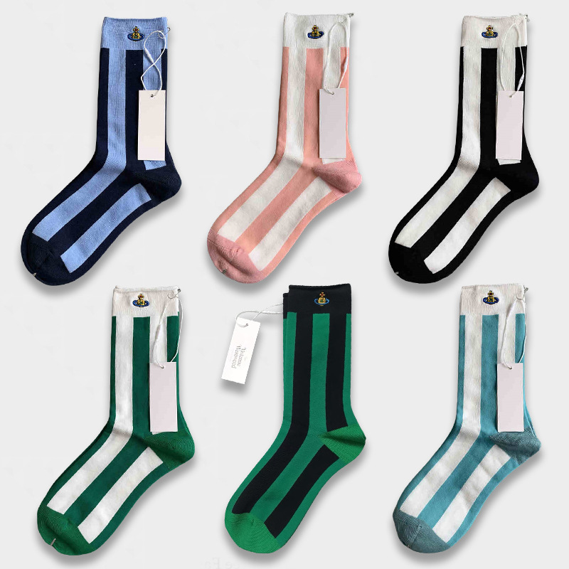 Empress Dowager's New Mid-tube Socks for Children Vertical Stripes High Color Value Saturn Embroidered Color-matching Embossed Four Seasons Outfit Fashion