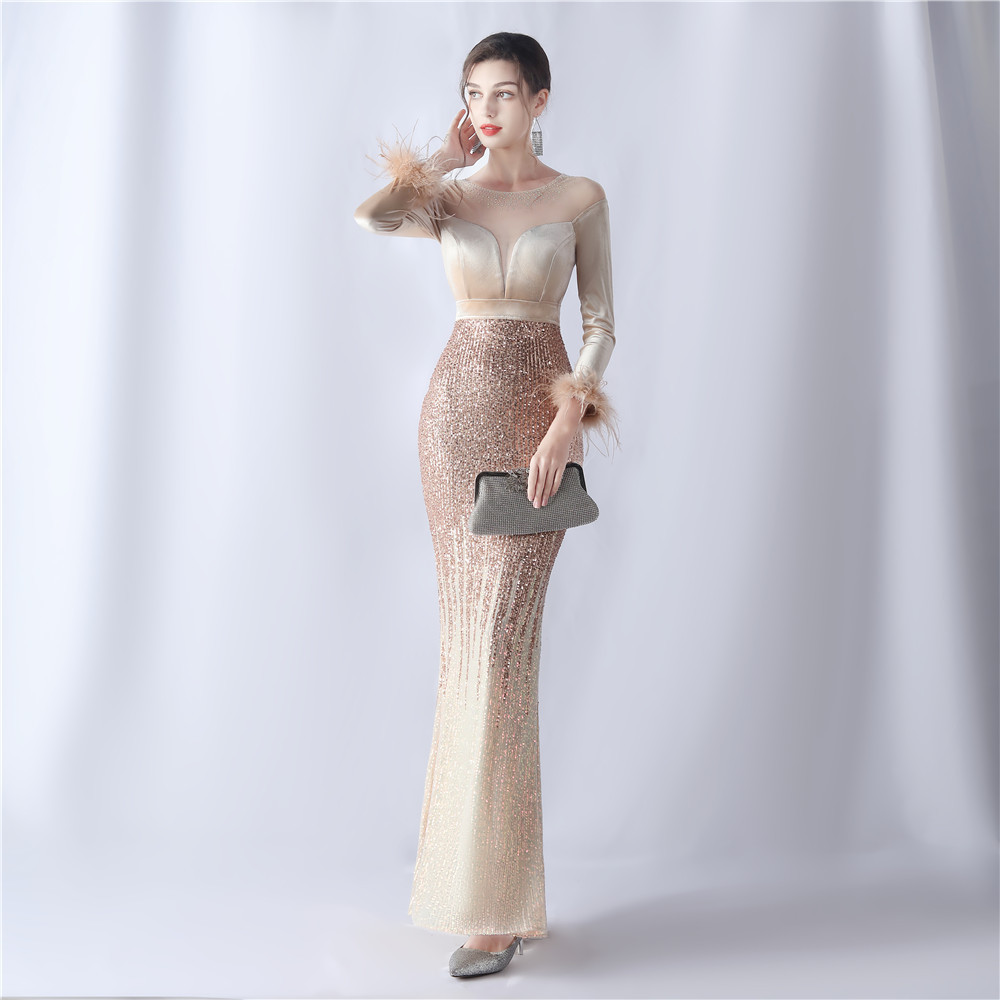 Women's gradient beaded diamond velvet high-end evening dress_voghion.com