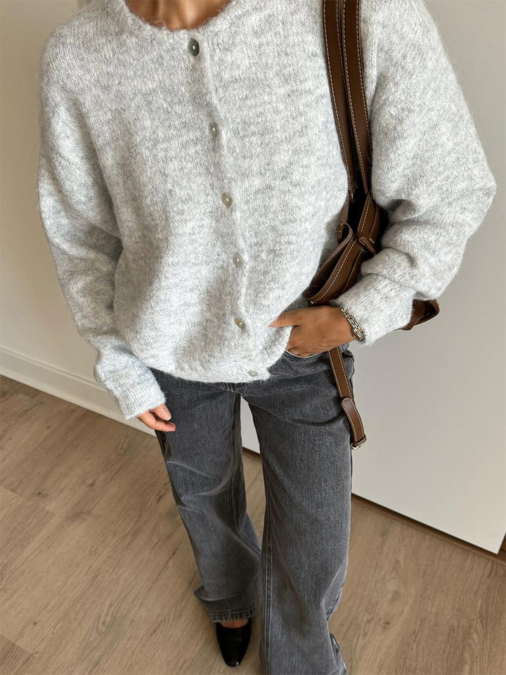 Áo khoác cardigan len nữ cổ tròn dài tay cài một hàng cúc phong cách retro thanh lịch — Màu trắng, Màu xám đậm, Xanh da trời, Xanh lá cây chi tiết 4