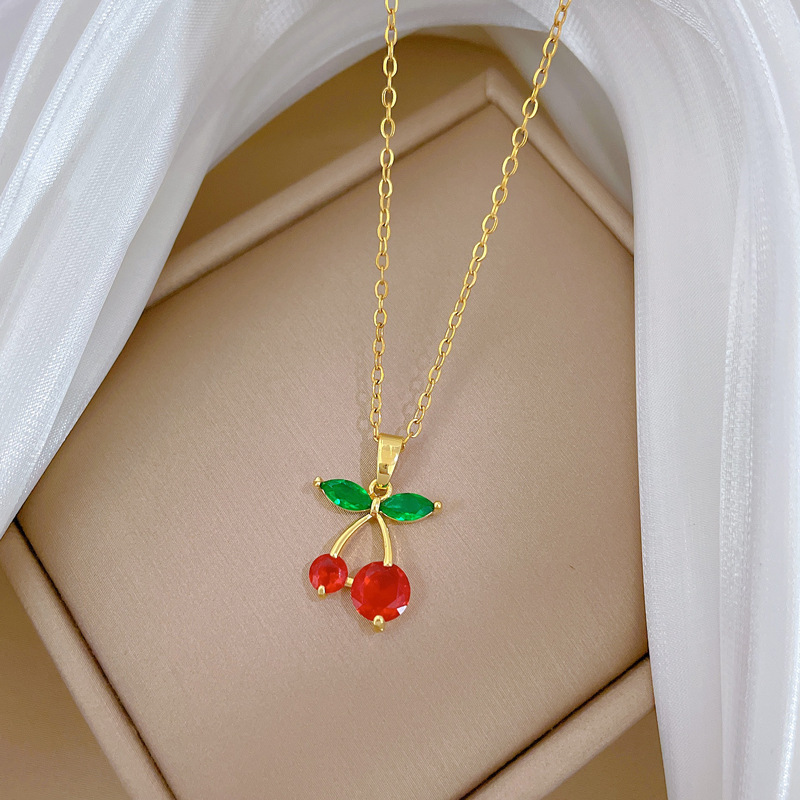 Red Cherry Fruit Necklace Diamond Luxury Clavicle Chain Jewelry_voghion.com
