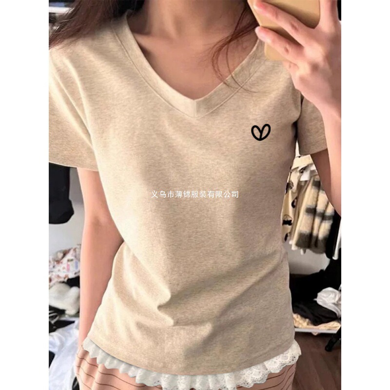 2026 New Summer Style Korean-Style Sweet Lace Trim Slim-Fitting V-Neck Top with Waist-Cinching Slimming Short-Sleeve T-Shirt for Women