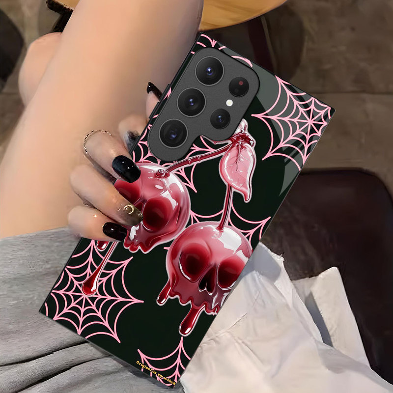 Cross-Border Pink Skull Phone Case Galaxy S25 Spider Web Samsung S23 High-End Glass S24 Hard Case