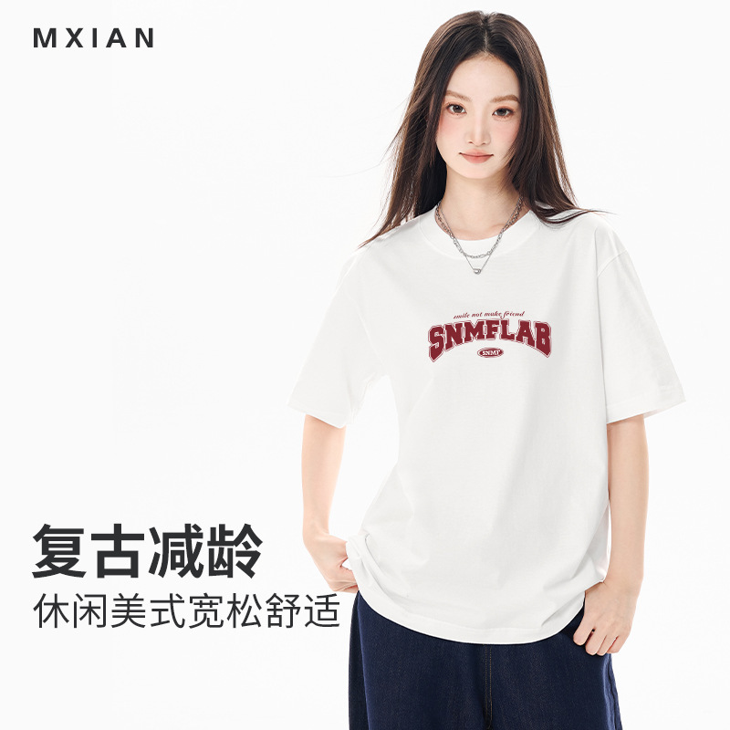 American Style Casual Letter Printed Short-sleeved T-shirt Women's 2024 Summer New Cotton Outer Wearing Round Neck Half-sleeved Top for Women