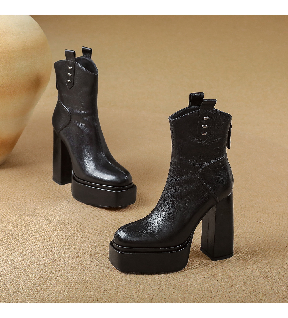 Boot nữ cổ thấp mũi vuông gót vuông cao 9 cm, đế platform, lót nhung ấm mùa thu đông — Lớp lót nhung đen chi tiết 15