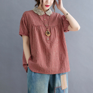 Real Shot Spot 2022 Summer New Style Fat Sister Cotton and Linen Plaid Large Size Doll Collar Slim Versatile Short Sleeves