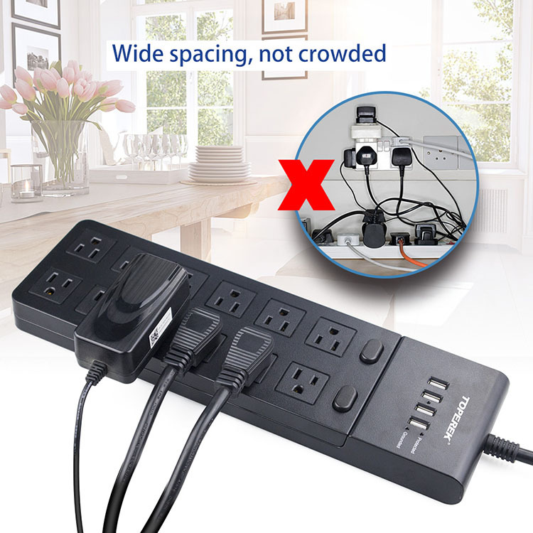 工厂畅销黑色美规多孔平板排插家庭办公通用插座插线板带4 USB