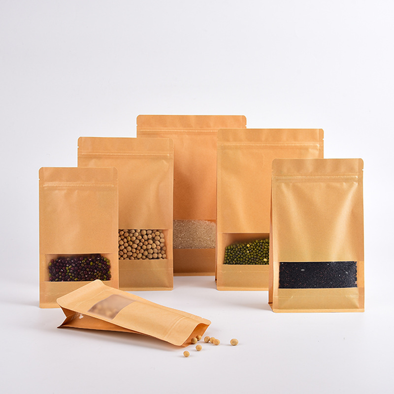 现货八边封牛皮纸磨砂开窗茶叶袋子自立自封袋坚果食品包装袋批发