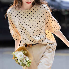 复古波尔卡夏季法式波点印花衬衫气质别致连袖水滴扣衬衣女装上衣