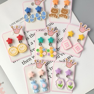 Korean Style Children's Fashion Cream Glue Resin Biscuit Candy Bow Cartoon Ear Clip Pendant Student Earrings Accessories