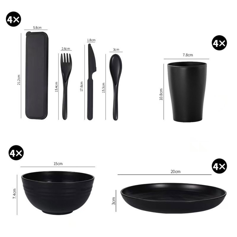 国境を越えた人気の小麦わらウォーターカップ、ボウル、食器セット、黒いプラスチックのボウルと皿、28点の家庭用セット|undefined