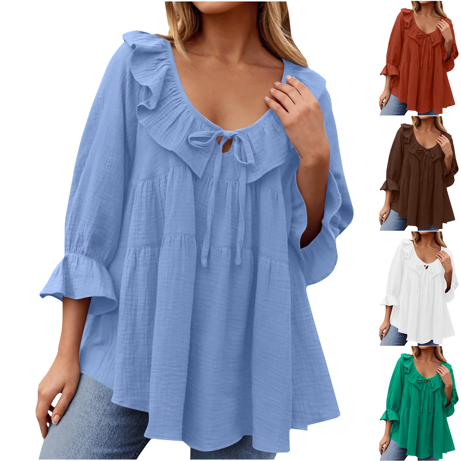 2024 European and American Amazon Women's Round Neck Casual Lace-up Front Pleat Multi-layer Loose Waist Shirt Autumn Clothing