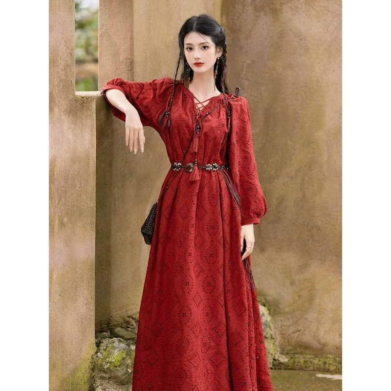 Экзотическая одежда для женщин Xishuangbanna, северо-запад Юньнань, Дали, Лицзян, дорожный костюм, платье красного цвета