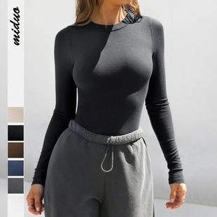 2025 New Y2K Clothes Threaded Round Neck Long-Sleeved T-Shirt Women's Bottoming Outer Wear Slim Right Shoulder Sexy Top Pure Desire