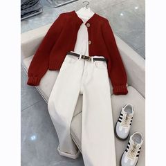 秋冬季温柔系穿搭女2025新款针织韩版开衫打底衫高腰阔腿裤三件套
