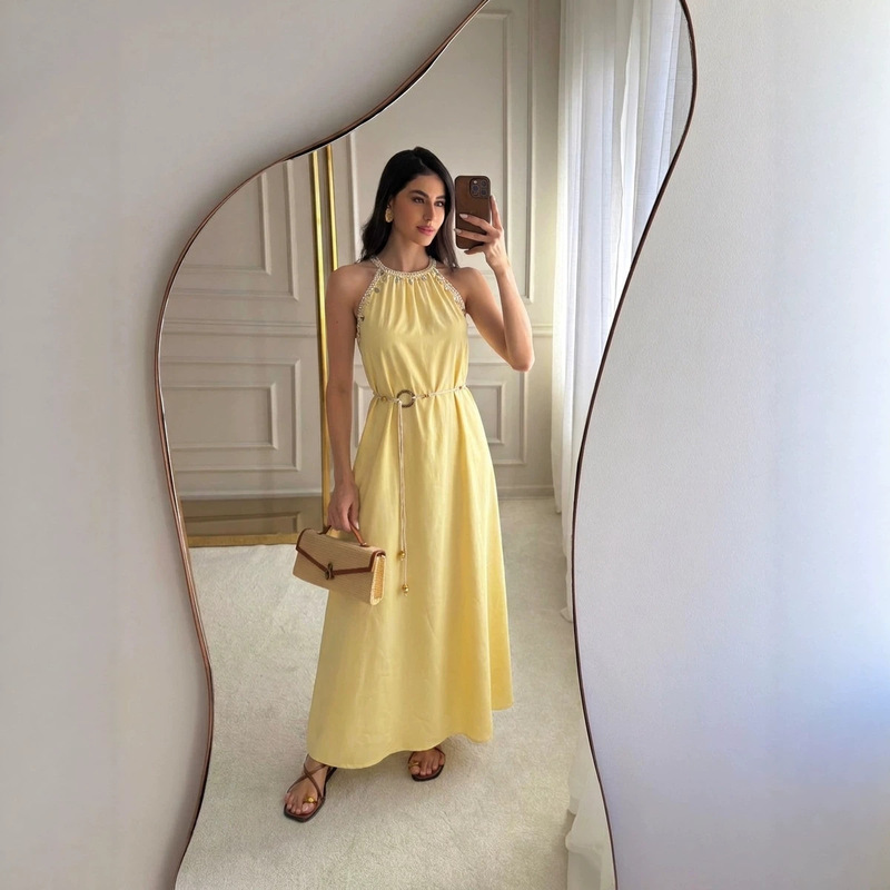 Cross-border women's solid color round-neck bohemian ethnic style seaside vacation dress tea break French long dress