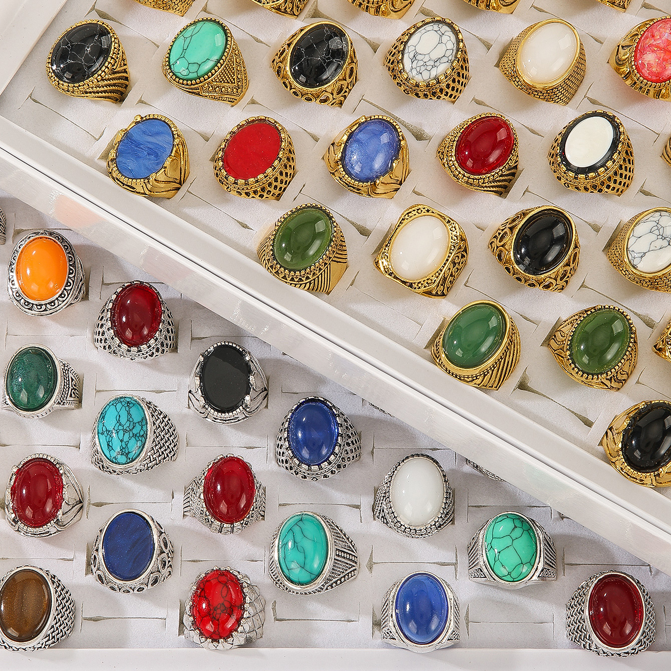 Cross-Border Personalized Men's Ring European and American Gemstone Domineering Ring Electroplated Silver Old Hollow Two-Color Hand Jewelry Men's Ring