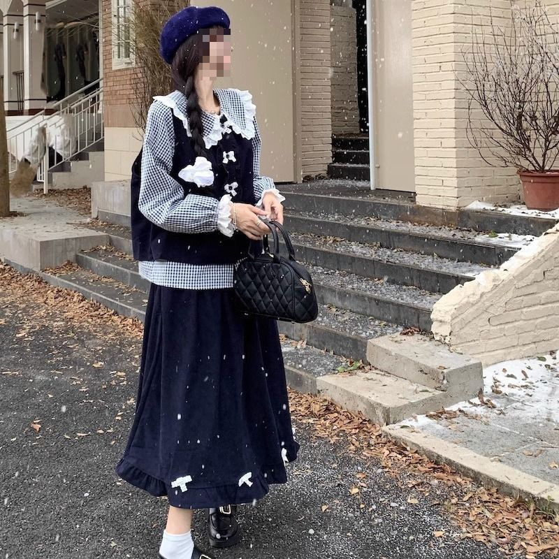 日系甜美娃娃领衬衫边马甲半身裙2025春秋新款时尚套装女|undefined