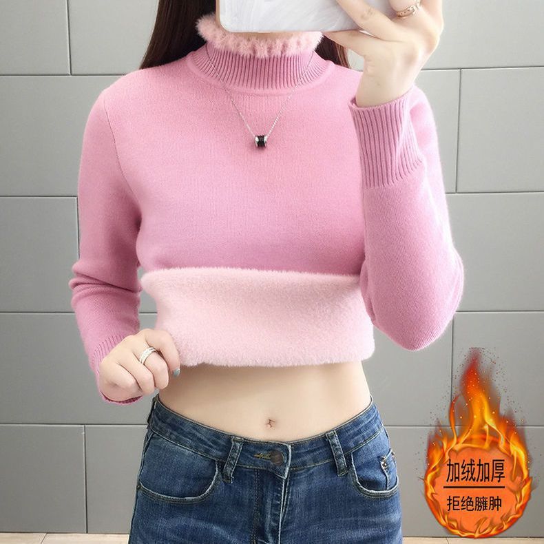 高品质一体绒毛衣女士冬季加绒加厚新款半高领保暖百搭打底衫外穿|undefined