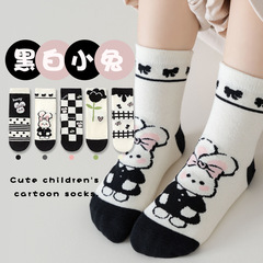 2023兒童襪子春秋黑白兔可愛秋冬季花邊中筒棉襪女童公主寶寶襪子