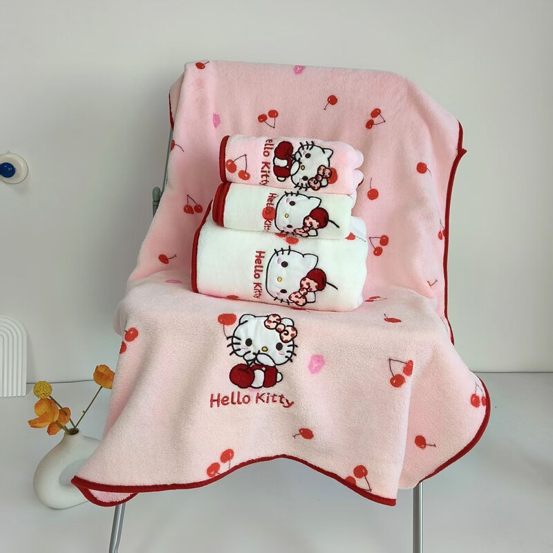 Cherry Kt Cat Coral Velvet Towel and Shower Cap Set, Soft, Water-Absorbent, Quick-Drying, Cute and Girly, Household Face and Bath Towel
