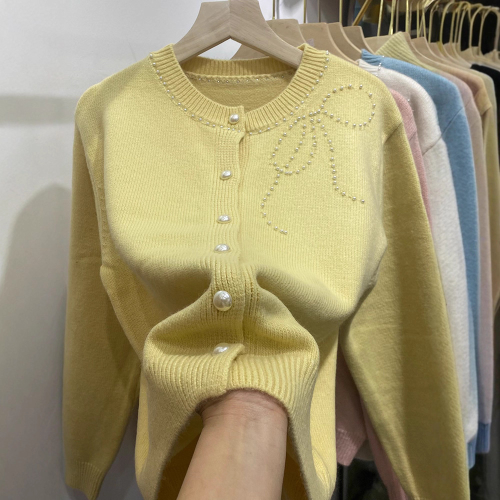 Women's Clothing Chic Embellished Bow Knit Cardigan For Women - Autumn Casual Long Sleeve Open Front Sweater (Blue, Yellow, Gray, Beige, Pink)_voghion.com