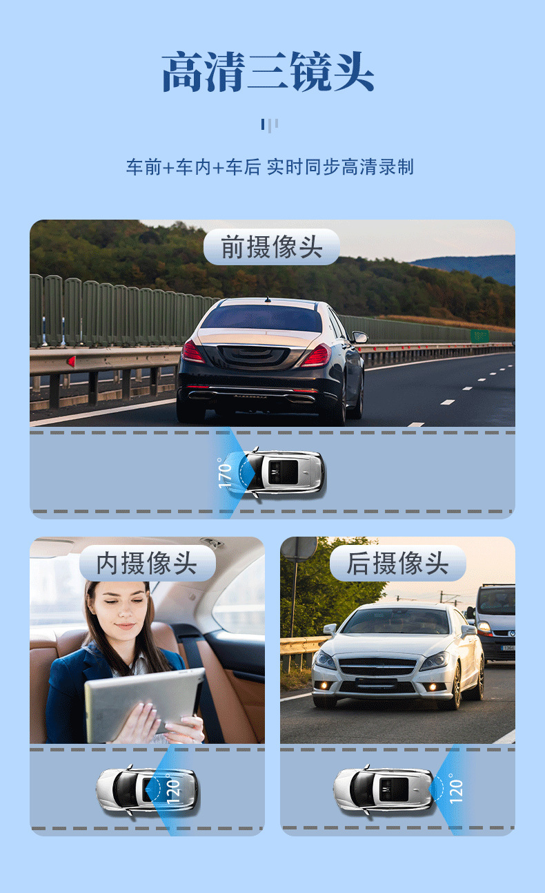 Cross-border bestseller: three-lens triple-recording dashcam with simultaneous front, interior, and rear recording, WiFi mobile phone connectivity
