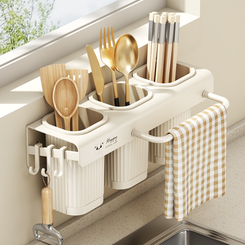 New Bear Sticker Cream Wind Punch-free Wall-mounted Chopsticks Cage Kitchen Rack Chopsticks Holder Knife Storage Rack