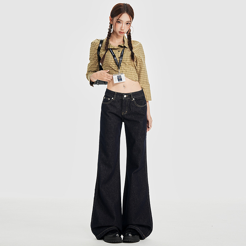 American Retro Low-Waist Slimming Bootcut Jeans for Women, Dark Blue Outer Wear, Simple, Fashionable, High-End and Versatile Denim