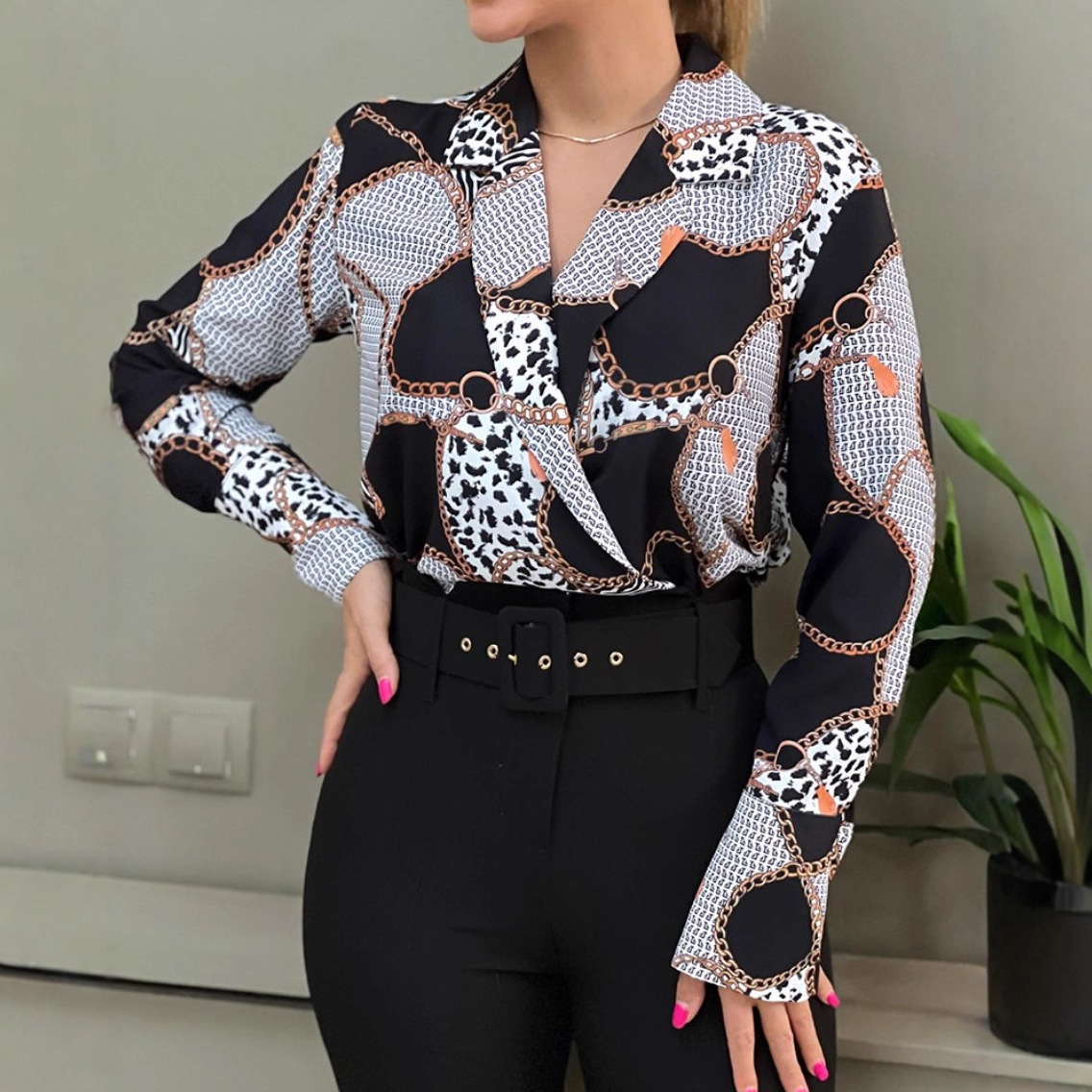 Camiseta Holgada de Manga Larga con Cuello en V y Estampado para Mujer, Estilo Informal, Otoño 2025, Éxito de Ventas en Wish y Amazon