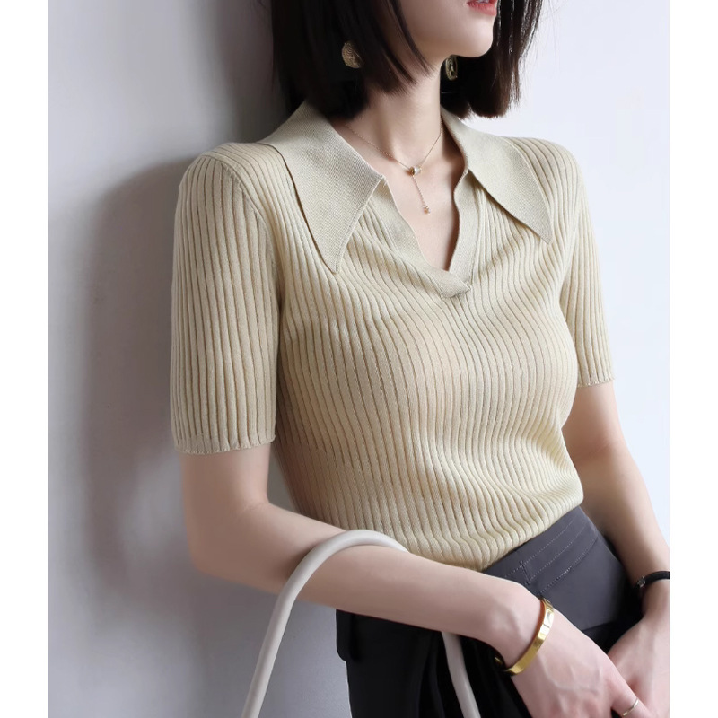 Draped Tencel Lyocell Summer Polo Collar Short-sleeved Sweater Women's T-shirt Simple Elegant Slim-fit Top