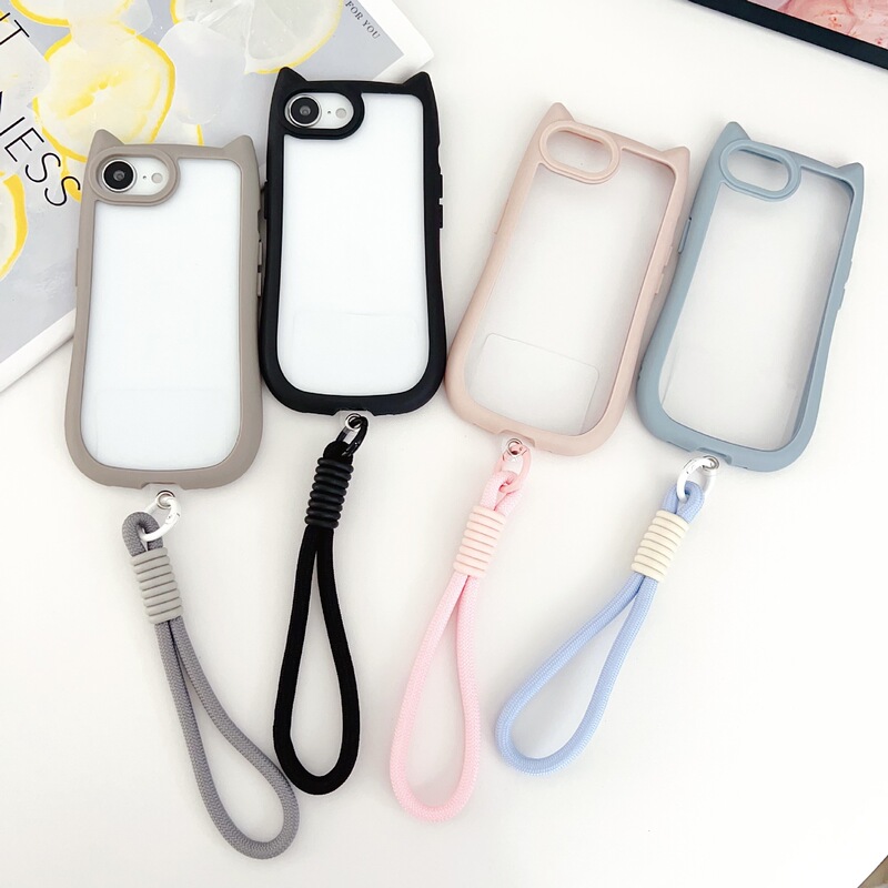 Foreign Trade Cat Ear Lanyard Phone Case Suitable for iPhone 16E Trendy 17Pro Resin 16/7/8 Groove Case 11