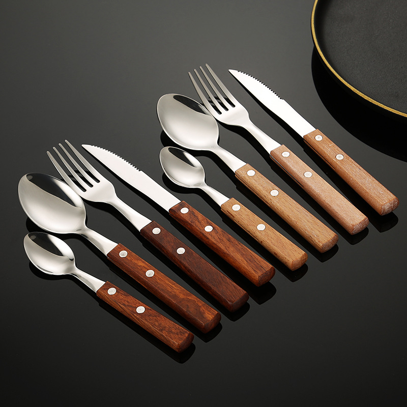 Mango de madera sólida de pera 304 cubiertos de acero inoxidable cuchillo de comida occidental cuchillo de cuchara de cocina cuchillo de filete estilo japonés