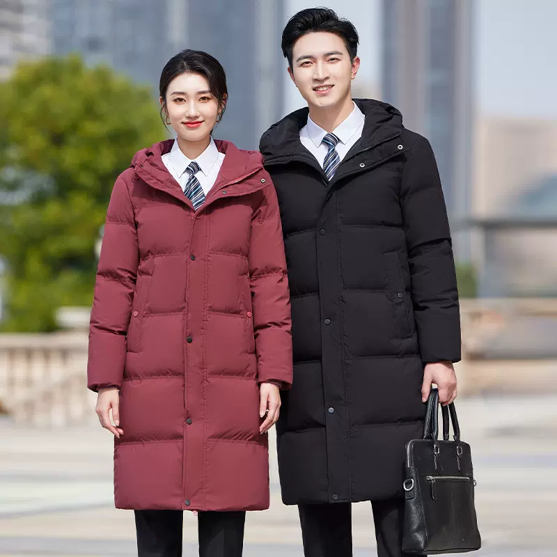 黑色羽绒棉服职业装加厚保暖棉袄工作服时尚气质中长款棉衣外套