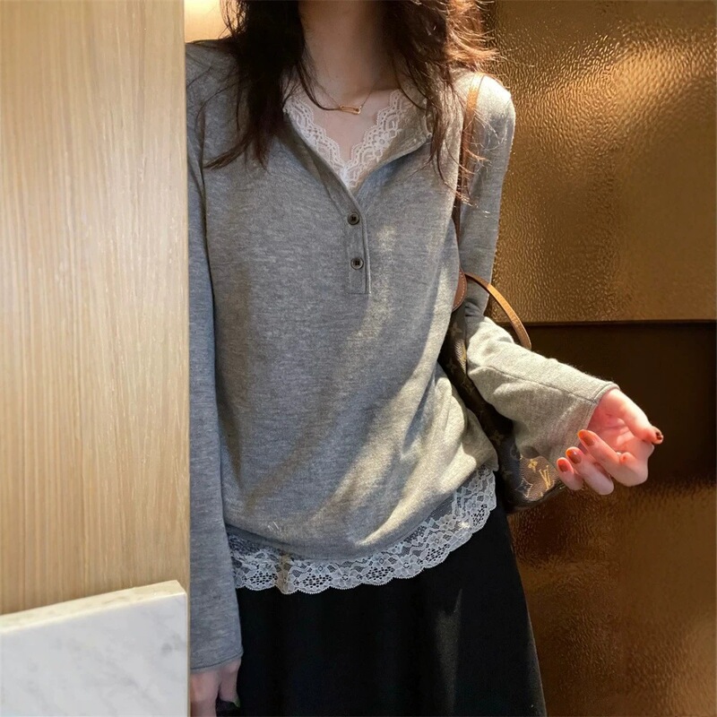 2026 Early Autumn Wool V-neck Lace Patchwork Slimming Knit Sweater Commuting Korean Style New Fashion Top