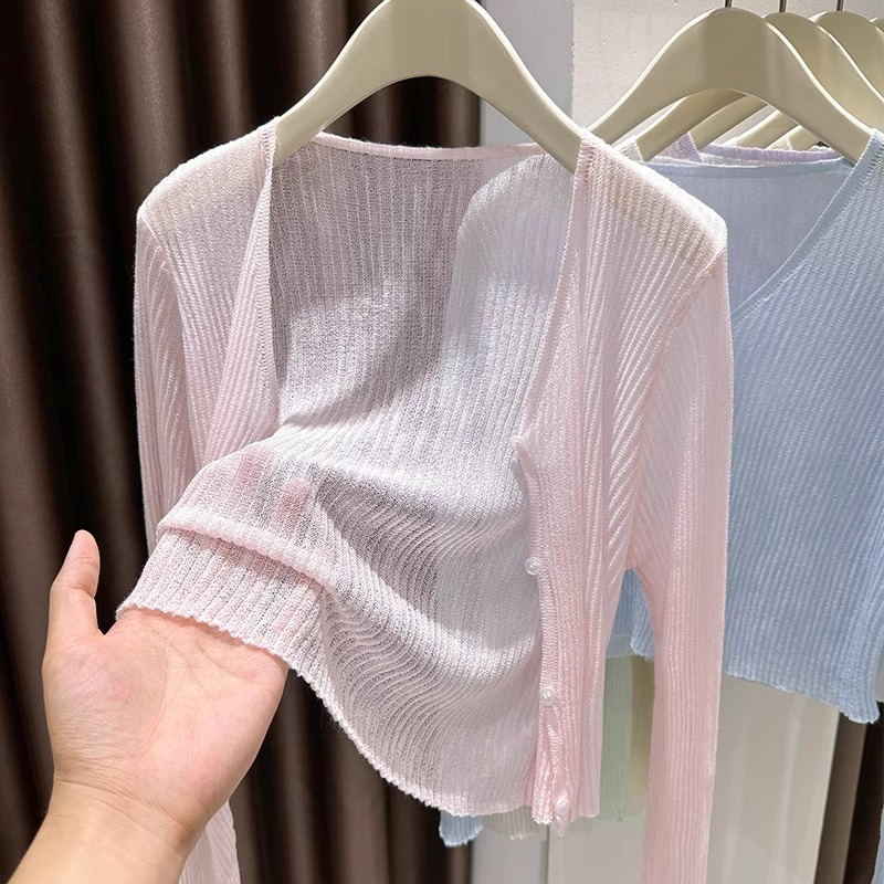 薄いアイスシルクとサスペンダースカート付きの女性用日焼け止めブラウス、夏用の紫色のわずかに透ける空調シャツ、ニットカーディガンとチョッキ|undefined