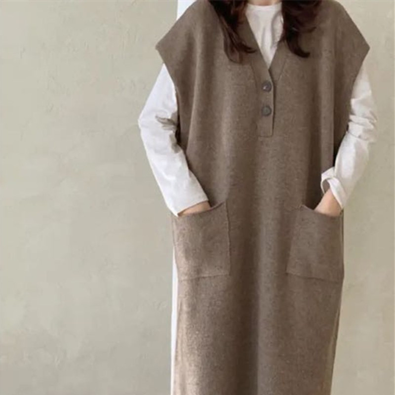 Casual Long Knit Vest Dress for Women, Autumn Design with a Unique Cross-Border Rolled Hem V-Neck Sweater Coat