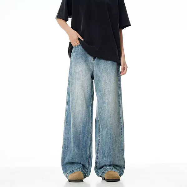 Vintage Washed Blue Straight-Leg Jeans Trendy Brand Men's American-Style Wide-Leg Casual Long Pants Casual Trousers
