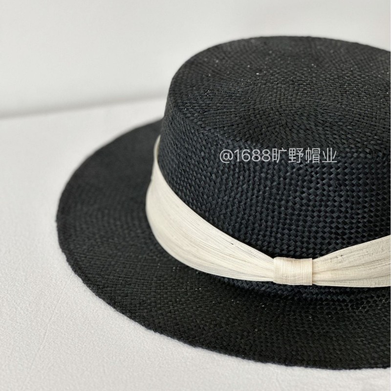 出口高品质剑麻平檐黑色草帽子优雅真丝麻高级感精致复古平顶礼帽|undefined
