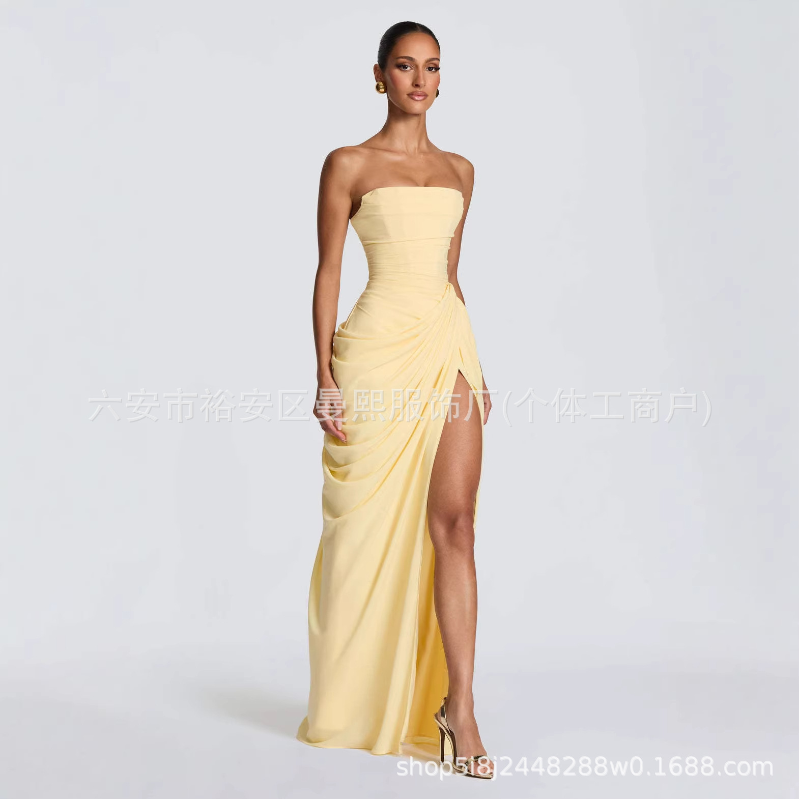Cross-border evening dress, solid color, strapless, slit long dress, elegant and slim-fitting, suitable for dinner parties and birthday celebrations, bodycon dress for women