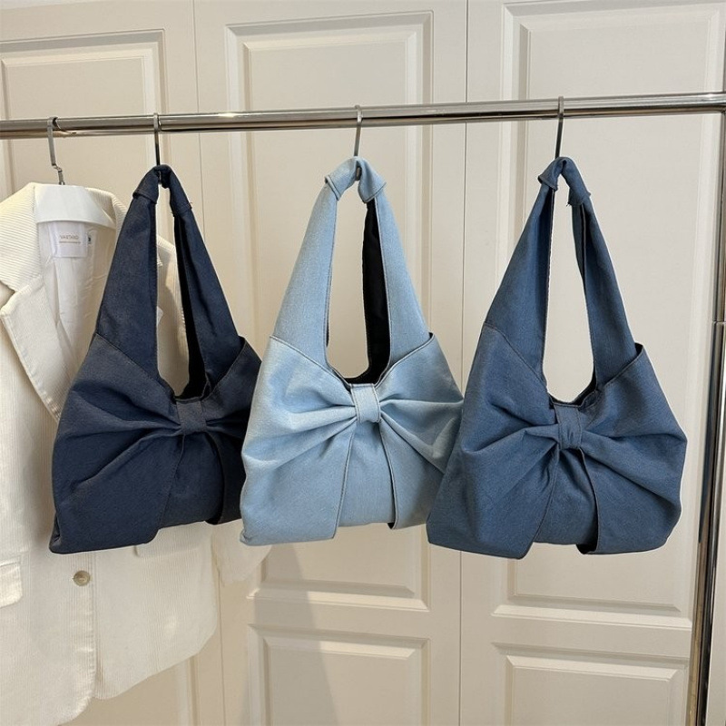 Transfronterizos nuevos grandes bolsas de brazo de diseño de mujer denim mano grande arco denim de manga corta