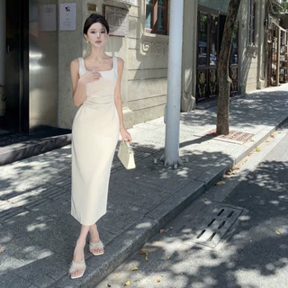 名媛风米白色无袖吊带背心连衣裙女2024夏季新款修身包臀长裙