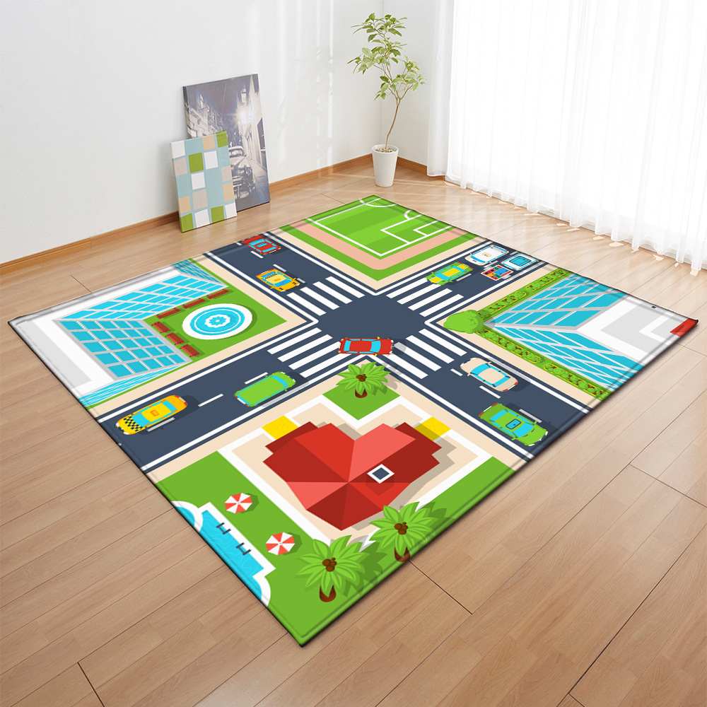 城市交通道路布局卡通大地毯货源批发羽毛ins风卧室地垫代发定制