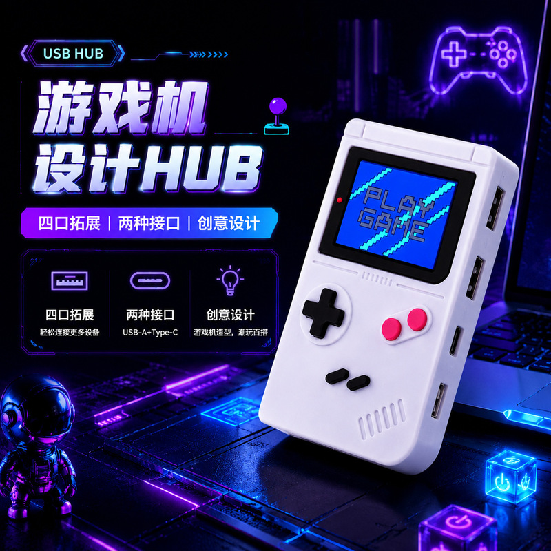 Game Console-Shaped USB Hub, a Desktop Expansion Device for Office and Entertainment, Mini Portable Four-Port Expansion, Plug and Play