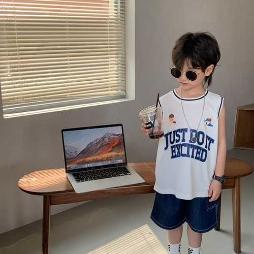 Children's Tops Boys 2024 Summer New Loose Letter Vest Baby Breathable Mesh Contrast Color Basketball Uniform Trendy