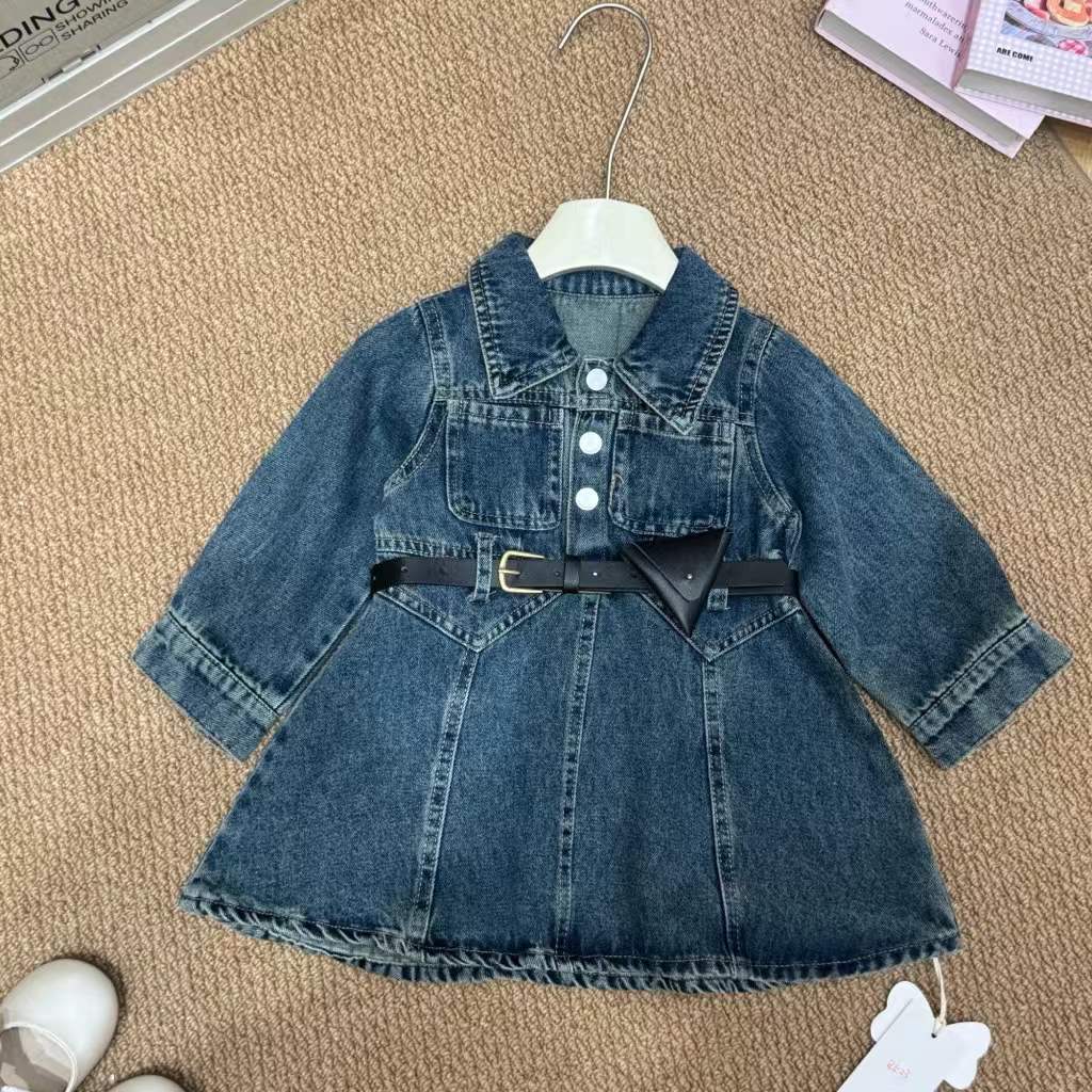 Girls' Stylish Denim Dress 2026 Autumn New Style Baby Girl Waist-Cinched A-Line Denim Dress Children's Clothing Wholesale